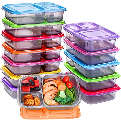 Aodaer 12 Packs 3Compartment Reusable Snack Box Bento Lunch Box Divided Food Storage Containers with Lids Meal Prep Containers for School Work Travel (Transparent Grey Bottom)