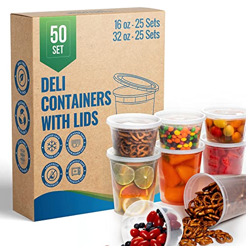 Safeware 50 Sets  2516oz 2532oz Deli Plastic Food Containers with Airtight Lids Leakproof Slime Small Combo Pack Reusable Storage Disposable Meal Prep Soup Microwaveable  Freezer Safe