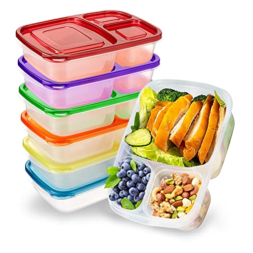 7 Pack Bento Lunch Boxes  Vonhen Reusable 3 Compartment Meal Prep Containers  Leakproof Lunch Container with Lids for School Work and Travel