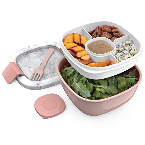 Bentgo Salad  Stackable Lunch Container with Large 54oz Salad Bowl 4Compartment BentoStyle Tray for Toppings 3oz Sauce Container for Dressings BuiltIn Reusable Fork  BPAFree (Blush Marble)