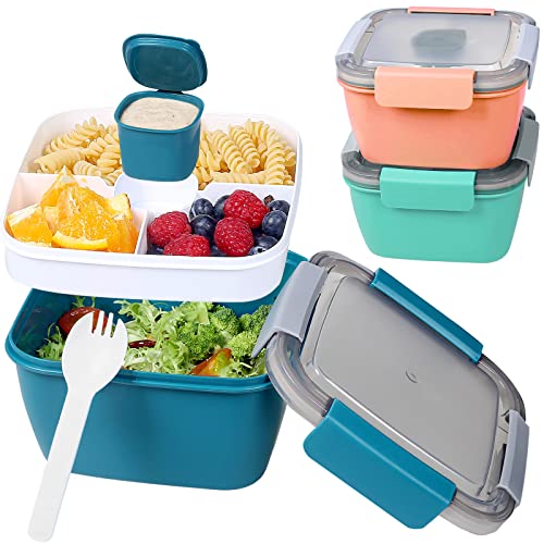 Shopwithgreen 52 OZ to Go Salad Container Lunch Container BPAFree 3Compartment for Salad Toppings and Snacks Salad Bowl with Dressing Container Builtin Reusable spoon Microwave Safe