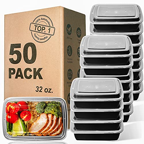 WGCC Meal Prep Containers 32OZ 50 Pack Extrathick Food Storage Containers with Lids Plastic Microwavable Bento Box Reusable Storage Lunch Boxes BPA Free Stackable DishwasherFreezer Safe