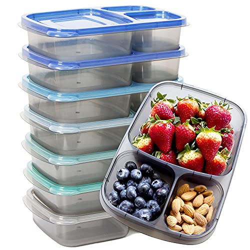 Youngever 7 Sets Bento Lunch Box Meal Prep Containers Reusable 3 Compartment Plastic Divided Food Storage Container Boxes