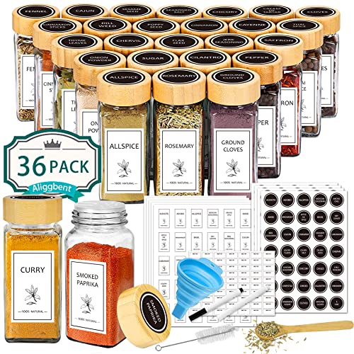 Aliggbent Spice Jars with Lable 36 Pcs 4 oz Glass Spice Jars with Bamboo Lids Spice Containers Bottles Glass Seasoning Jars with Shaker Lids Collapsible Funnel for Spice Racks Pantry Cupboard