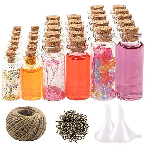 CUCUMI Mini Glass Bottles with Cork Stoppers 44pcs Spell Jars Potion Bottles Wish Bottles( 20pcs 5ml and 12pcs 10ml and 12pcs 20ml) 50pcs Eye Screws 30 Meters Twine and 2pcs Funnels