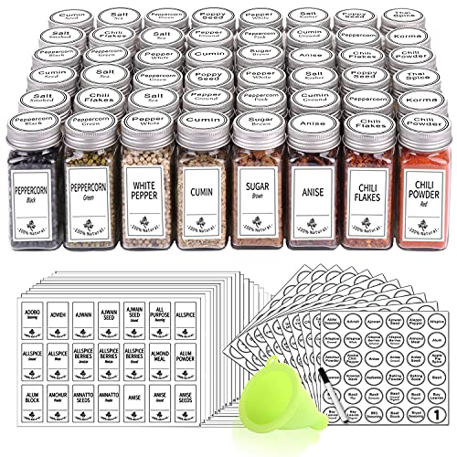 SWOMMOLY 48 Glass Spice Jars with 806 White Spice Labels Chalk Marker and Funnel Complete Set Square Spice Bottles 4 oz Empty Spice Containers Airtight Cap Poursift Shaker Lid Square and Round Labels