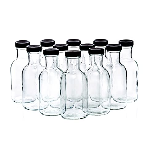Set of 12oz Glass Bottles with Black Plastic Caps  Reusable Stout Flint Glass Bottles with Lids for Juicing Kombucha Liquids  Made in USA  12 oz Glass Bottles (Total of 12)