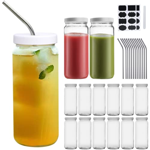 Woaiwoq Glass Juicing Bottles with Airtight Lids Straws 16 Oz Size Glass Bottle  Lids with Hole Mason Jar Cups  Boba Cups for Juice SmoothieTeaKombuchaHomemade Drinks(15 Pack)