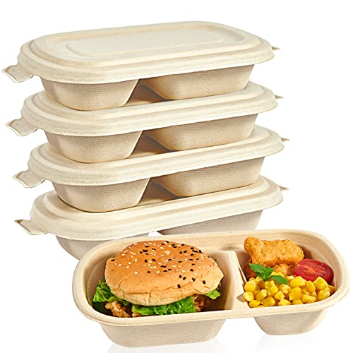 100 Compostable Take Out Food Containers with Lids 50 PACK 26 OZ EcoFriendly Disposable Food Containers 2 Compartment HeavyDuty Bagasse ToGo Containers for Next Day Lunch Potluck Party