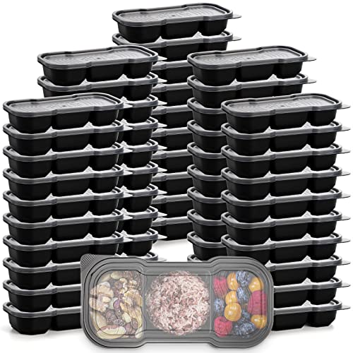 Hiceeden 50 Pack 16 Oz Meal Prep Containers with 3 Compartments Disposable Plastic Bento Boxes Stackable To Go Food Containers Travel Lunch Boxes for Office School Picnic Microwave Safe