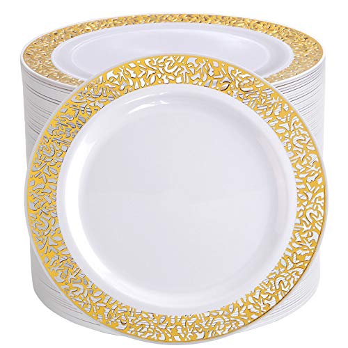 I00000 102 Pieces Gold Lunch Plates 9 Plastic Disposable Plates with Lace Design Plastic Gold and White Plates