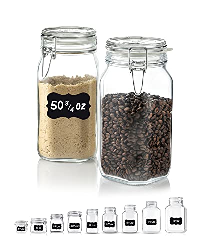 Bormioli Rocco Glass Fido Jars  Hermetic Sealed Hinged Airtight Lid for Fermenting Pantry Kitchen Storage Jars Bulk Food Storage Containers With Paksh Chalkboard Labels (2 Pack) (50 34 Ounce (15 Liter))