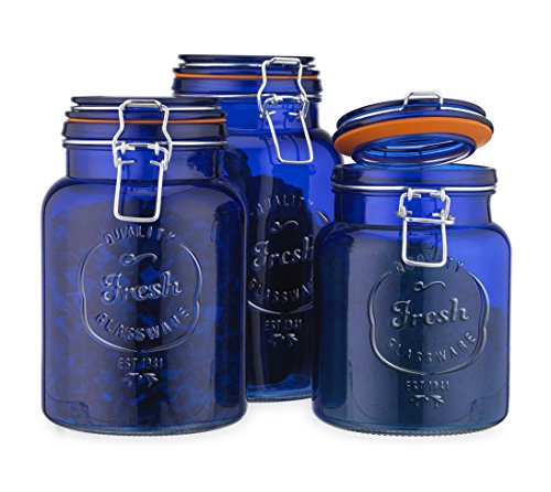 Glass Canister Fresh Quality Set of 3 Cobalt Blue Round Jars With Hermetic Seal Bail  Trigger Airtight Lock Lids for Kitchen  Pantry  Food Storage Containers