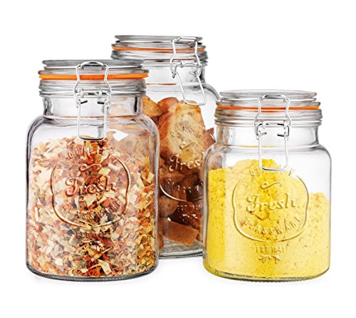 Glass Canister Fresh Set of 3 Round Jar with Hermetic Seal Bail  Trigger Airtight Lock for Kitchen  Food Storage Containers