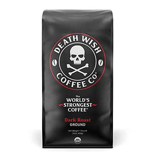Death Wish Coffee Dark Roast Grounds  16 Oz  The Worlds Strongest Coffee  Bold  Intense Blend of Arabica  Robusta Beans  USDA Organic Ground Coffee  Dark Coffee for Morning Boost