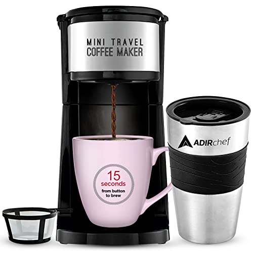 ADIRchef Mini Travel Single Serve Coffee Maker  15 oz Travel Mug Coffee Tumbler  Reusable Filter For Home Office Camping Portable Small and Compact Perfect Gift for Fathers Day (Black)