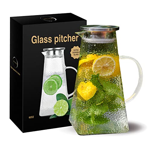 Richro Glass Pitcher with Lid  Elegant Glass Water Carafe with Lid  Durable  Sturdy Glass Water Pitcher  60 Ounce Heat Resistant Glass Carafe for HotCold Beverages Coffee Tea Juices