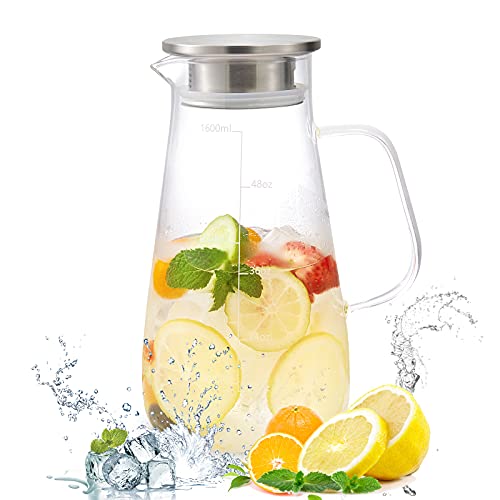 Glass Pitcher 56oz1600ml Water Pitcher with Stainless Steel Lid and Scale Line for Iced Tea  Juice Homemade Drinks Glass Jug Water Jug with Handle for Lemonade Milk Cold or Hot Beverage Carafe