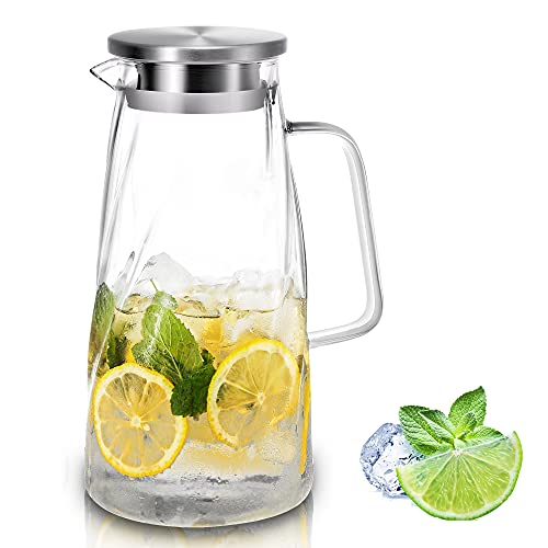 Vzaahu Glass Pitcher with Lid and Handle  Iced Water Carafe  57 ounces17 L Leadfree Borosilicate Glass Beverage Jug  Sun Tea Pot Lemonade Milk Dispenser for Fridge Teapot Coffee Juice