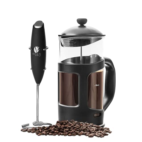 Bean Envy French Press Coffee Maker and Milk Frother Set  34 oz Glass Carafe Coffee Press  Drink Mixer Duo w Stainless Steel Stand