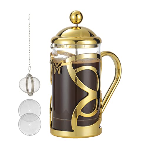 Meelio Gold French Press Coffee Maker 12 oz Heat Resistant Borosilicate Glass Coffee Press Small with 1 Tea Strainer and 2 Extra Filter Screen 350ML