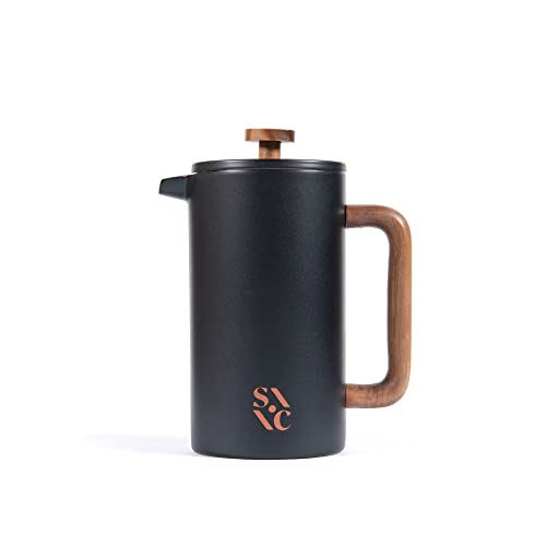 Stone  Clay Modern French Press  Black Stainless Steel  Wood Coffee Press  Double Walled Insulated Carafe with 1L34oz Measurement  Cool Touch Handle Beveled Lid and Grooved Spout  8 Cup Maker