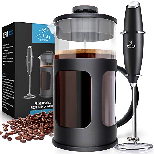 Zulay Premium French Press Coffee Pot and Milk Frother Set  (8 Cups 34 oz) Coffee Press Glass Carafe with Powerful DoubleMesh Stainless Steel Filter System for Filtering Out Fine Coffee Grounds