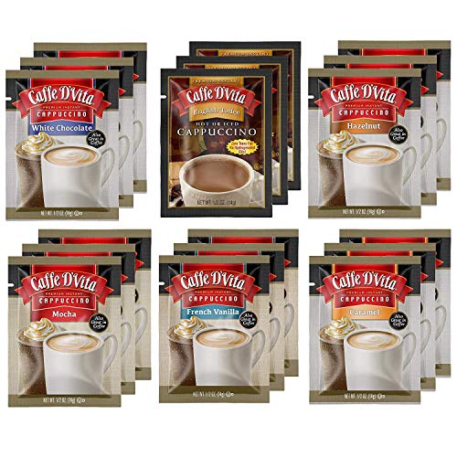 Caffe DVita Premium Instant Coffee Cappuccino Single Serve Assortment Pack  White Chocolate English Toffee Hazelnut Mocha French Vanilla Caramel  18 Envelopes (6 of Each Flavor)