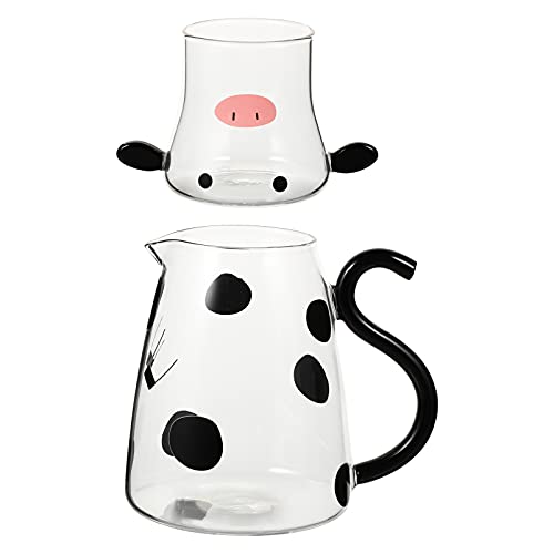 1 Set Glass Carafe Pitcher with Glass Mug Cute Cow Glass Tea Pitcher Kettle Milk Jug Night Water Carafe for Midnight Drink Home Office Hotel 550ml