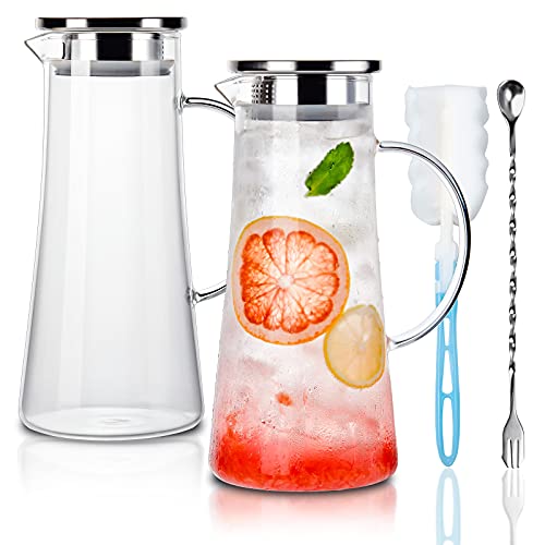 CREATIVELAND 14 Liter 47 Ounces High Borosilicate Glass CarafePitcher Set of 2 with Stainless Steel Fliptop LidHotCold Water JugJuiceIced TeaWineCoffeeMilk Beverage Carafe(Set of 214L)
