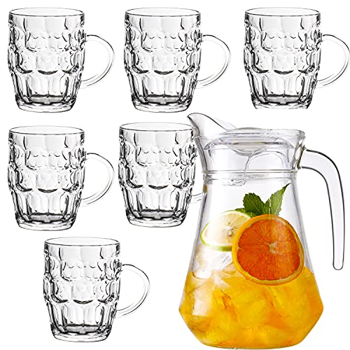 Glass Pitcher 12 Liter with Lid Drinking Glasses Set 6 Cups 300ML Water Jug for Hot Cold Water Coffee Milk Juice Iced Tea Pitcher Glassware Carafes Pitchers Water Glasses Handle for Liquid