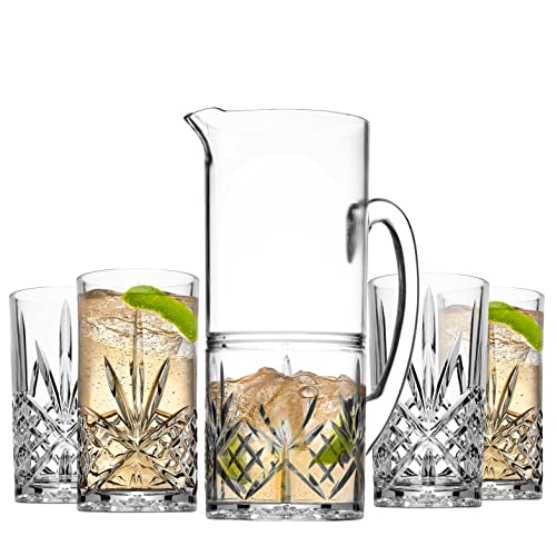 Godinger Pitcher and Highball Drinking Glasses Set Acrylic Shatterproof Water Jug Pitcher with Tall Drinking Cups  Dublin Collection