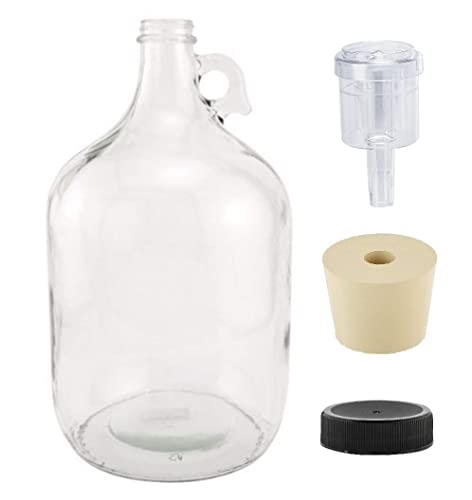 North Mountain Supply 1 Gallon Glass Fermenting Jug with Handle 65 Rubber Stopper 2Piece Airlock Black Plastic Lid  Set of 1