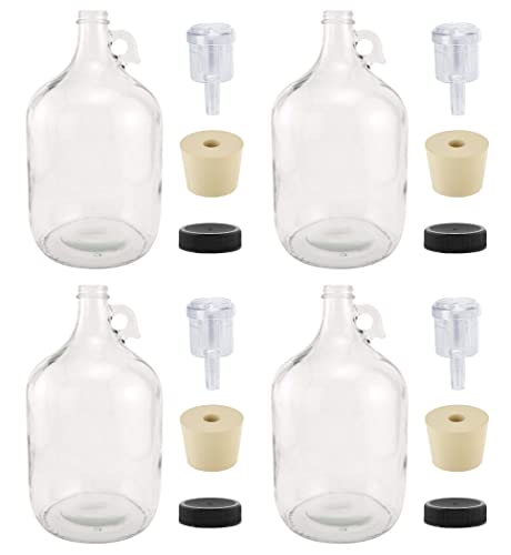 North Mountain Supply 1 Gallon Glass Fermenting Jug with Handle 65 Rubber Stopper 2Piece Airlock Black Plastic Lid  Set of 4
