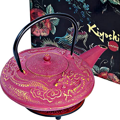 Cast Iron Teapot Large Capacity 40Oz (Filled to the top) with Trivet and Loose Leaf Tea Infuser Cast Iron Tea Kettle Stovetop Safe Tetsubin Coated with Enamel Interior  Dragon Teapot Purple