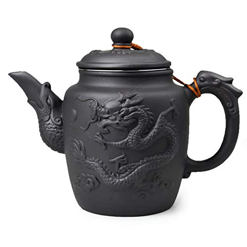 Teapot Chinese Yixing Gongfu Tea Large Pots 600ml Dragon Stainless Filter for Loose Tea (black)