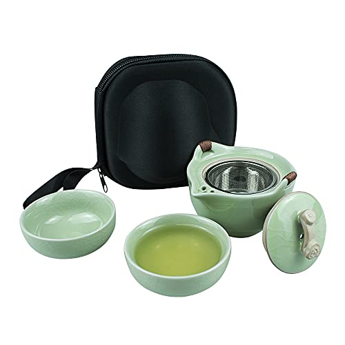 Kcgani Portable Ceramic Kung Fu Teapot Travel Tea Set 1 Pot 2 Cups with Strainer All in One Bag for Travel Business Trip Outdoor Picnic  Home Office Gift