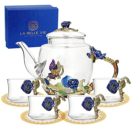 Pretty Glass Tea Sets for Women Small Coffee Espresso Shot Tea Cups of 4 Flower Teapot and Cup Set Clear Tea Kettle Fancy Tea Set for Adults Girls Kids Tea Party Gift for Women Mom Wife Christmas