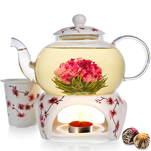 Teabloom Petite Cherry Blossom Teapot  Flowering Tea Gift Set  Glass Teapot (27 OZ  23 Cups) Porcelain Lid Loose Tea Infuser Tea Warmer  Candle 2 Flowering Teas