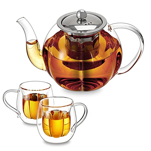 VEVOK CHEF Glass Teapot Set Glass Tea Kettle Pot 33oz with Removable Stainless Steel Strainer Tea Infuser with 2 Double Wall Glass Cups Blooming Loose Leaf Tea Maker Set Stovetop Safe