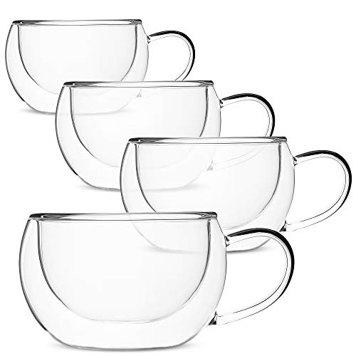 BTaT Insulated Coffee Cups Set of 4 (9 oz 270 ml) Double Wall Glass Tea Cups Glass Cups Glass Mug Glass Coffee Cups Latte Cups Latte Mug Clear Mugs Glass Cappuccino Cups Glass Coffee Mugs