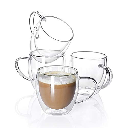 Sweese 415101 Glass coffee mugs  8 oz Double Wall Insulated Glass Coffee Tea Cup Set with Handle Perfect for Espresso Latte Cappuccino Set of 4
