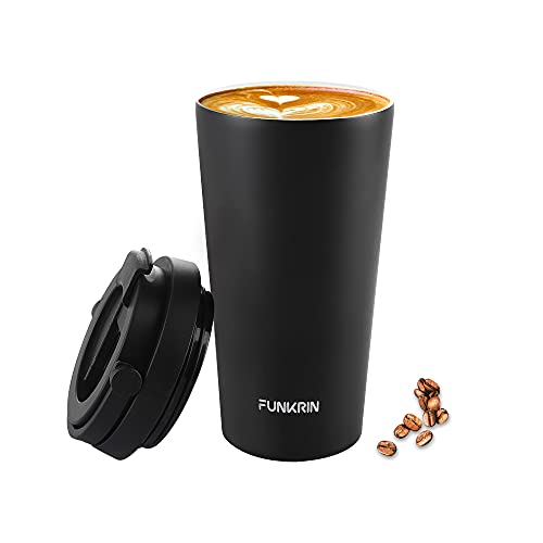 Funkrin Insulated Coffee Mug with Ceramic Coating 16oz Vacuum Stainless Steel Tea Tumbler with Lid and Handle Double Wall LeakProof Thermos Mug for Travel Office School Party Camping
