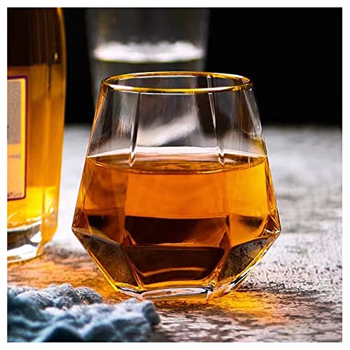 1 Pcs Diamond Whiskey Glass  10 oz Gold Rim Glassware for Drinking Bourbon Irish Vodka Cognac Scotch Wine and More