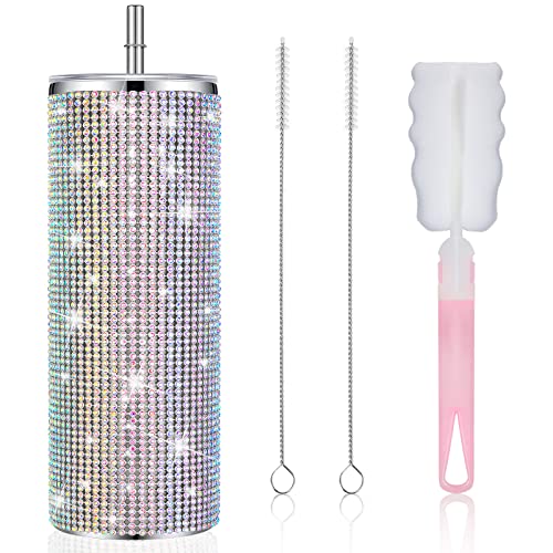 20oz Glitter Water Bottle Diamond Bling Cup Rhinestone Tumbler Stainless Steel Straw Tumbler Insulated Bling Cup with Lid and Straw Bling Tumbler with Brush for Water for Women Girls (Colorful)