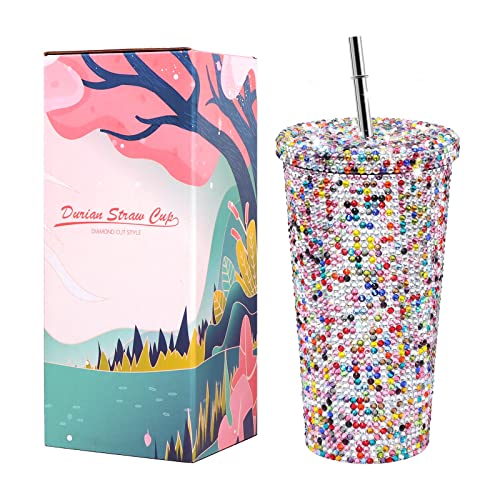 22oz Bling Bottle Cup with Straw Glitter Studded Diamond Water Bottle Tumbler Rhinestone Cup Glitter Stainless Steel Thermal Double Wall Straw CupAll handmade Individually Set Stones(BlingColor)