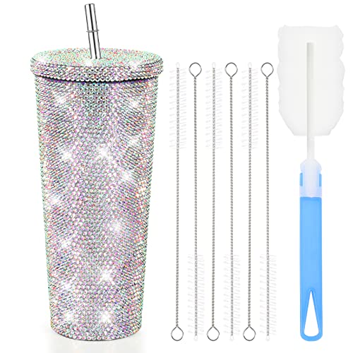 Bling Cup Studded Bling Diamond Tumbler Bling Cups With Rhinestones Rhinestones Cups With Lid And Straws Bling Cups With Rhinestones 7 Brushes Included(1759 ounces AB color)