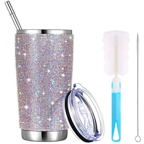 Bling Diamond Tumbler 20 oz Glitter Water Bottle Rhinestone Stainless Steel Cup with Straw Vacuum Thermal Wine Tumbler with Lid Insulated Water Tumbler with Cup Brush Straw Brush for Women Wine Coffee