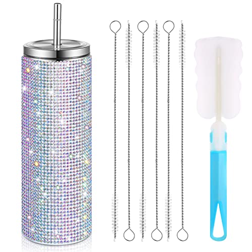 Glitter Water Bottles Diamond Bling Cup 20oz Stainless Steel Glitter Tumbler Rhinestones for Tumblers Wine Tumbler with Lid Insulated Cups Thermal Bottle with Straws 2 Pcs Straw Brush and Cup Brush