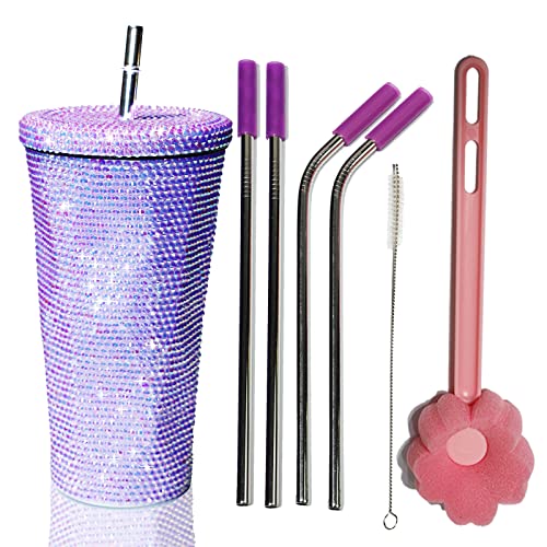 Studded Bling Diamond Cut Design Tumbler Glitter Water Bottle with Lid Stainless Steel Vacuum Thermal with Straw Rhinestone Insulated Office Mug for Ice Cold or Warm Drinking for Women Cup (Purple)